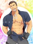  1boy abs bag_on_lap bara bare_pectorals belt biceps biting brown_hair clothes_pull collared_shirt cuffs fingerless_gloves gaydorado gloves handcuffs highres large_pectorals looking_at_viewer male_focus male_underwear multicolored_background muscular muscular_male navel nipples open_clothes open_mouth open_shirt pants pectorals police police_uniform policeman radio shirt shirt_pull short_hair short_sleeves smile solo spiked_hair teeth text_focus thick_eyebrows tongue underwear uniform yellow_eyes zifu 