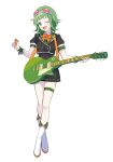  1girl ;d adapted_costume black_blouse black_skirt blouse boots buttons crossed_ankles dot_nose double-breasted fingernails frilled_cuffs frilled_skirt frills full_body goggles goggles_on_head green_eyes green_hair gumi head_tilt holding holding_instrument holding_plectrum instrument instrument_request knee_boots leo/need_(project_sekai) looking_at_viewer memel neck_ribbon one_eye_closed open_mouth orange_nails orange_ribbon pale_skin plaid plaid_wrist_cuffs pleated_skirt plectrum project_sekai puffy_short_sleeves puffy_sleeves ribbon short_hair short_sleeves sidelocks simple_background skirt smile solo standing thigh_strap vocaloid wavy_hair white_background white_footwear wing_collar wrist_cuffs 