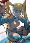  1girl bare_shoulders blonde_hair blue_eyes breasts commentary_request covered_abs domino_mask frills grin hata4564 highres long_hair looking_at_viewer mask rainbow_mika smile solo squatting street_fighter sweat twintails very_long_hair wrestling_mask 