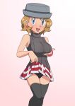  1girl :d absurdres alternate_breast_size bangs black_legwear black_panties blonde_hair blue_eyes blush bracelet breast_lift breasts clothes_lift commentary_request earrings eyelashes gradient gradient_background grey_headwear hat highres jewelry lifted_by_self looking_at_viewer miraa_(chikurin) open_mouth panties pokemon pokemon_(anime) pokemon_swsh_(anime) red_skirt serena_(pokemon) short_hair skirt skirt_lift smile solo sweater_vest thighhighs tongue underwear 