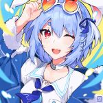  1girl ;d animal_ears arm_up bangs blue_hair blue_jacket blue_neckwear blue_ribbon blush breasts bunny-shaped_pupils collar commentary_request eyebrows_visible_through_hair eyewear_on_head fur-trimmed_sleeves fur_trim hair_between_eyes hair_ribbon hayate_fish heart heart-shaped_eyewear highres hololive jacket long_sleeves looking_at_viewer one_eye_closed open_clothes open_jacket rabbit_ears red_eyes ribbon shirt short_eyebrows small_breasts smile solo sunglasses symbol-shaped_pupils teeth thick_eyebrows two_side_up upper_body upper_teeth usada_pekora virtual_youtuber white-framed_eyewear white_collar white_shirt 