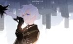  1boy 1girl black_choker black_gloves blue_eyes building character_name choker closed_mouth gloves highres holding holding_hands iris_(user_pskd5754) light_particles nier_(series) nier_automata smile solo_focus upside-down white_hair yorha_no._2_type_b yorha_no._9_type_s 