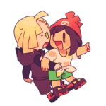  1boy 1girl beanie black_footwear black_hair blonde_hair chibi floral_print gladion_(pokemon) hat hood hoodie looking_at_another open_mouth pointing pokemon pokemon_(game) pokemon_sm red_headwear sarami_(sa_rami30) selene_(pokemon) shirt short_hair sweat tied_shirt 