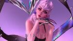  1girl bangs breasts claws cleavage earrings evelynn_(league_of_legends) expressionless eyeliner eyeshadow head_rest interlocked_fingers jewelry k/da_all_out_evelynn league_of_legends lips long_hair looking_at_viewer makeup mascara medium_breasts mole mole_on_arm mole_on_breast nixeu pink_background pink_gemstone pink_hair purple_eyeshadow skindentation solo tank_top yellow_eyes 
