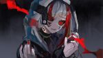  1boy black_eyes black_jacket black_nails black_sclera clenched_teeth colored_sclera facial_mark fangs fingernails highres hood hood_up hooded_jacket jacket long_fingernails looking_at_viewer male_focus multicolored_hair original red_eyes red_hair red_nails red_pupils siun_5513 sketch solo streaked_hair striped striped_clothes sweat teeth turtleneck upper_body vampire white_hair 