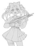  1girl :d absurdres animal_ears bangs blush commentary copyright_request eyebrows_visible_through_hair fake_animal_ears fingerless_gloves gloves greyscale gun hair_between_eyes hair_ornament hair_ribbon hairclip headset highres holding holding_gun holding_weapon long_hair long_sleeves looking_at_viewer monochrome okota_mikan pleated_skirt puffy_long_sleeves puffy_sleeves ribbon shirt simple_background skirt sleeves_past_wrists smile solo symbol-only_commentary twintails v-shaped_eyebrows weapon weapon_request white_background x_hair_ornament 