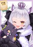  1girl ;d absurdres animal_ear_fluff animal_ears bangs black_ribbon blush brown_eyes cat_ears cocozasa crown fur_trim hair_ribbon highres hololive long_hair long_sleeves looking_at_viewer mini_crown murasaki_shion one_eye_closed ribbon shiokko_(murasaki_shion) silver_hair smile solo spark teeth upper_body upper_teeth virtual_youtuber youtube_logo 