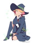 1girl amanda_o&#039;neill arikindows10 green_eyes hat highres little_witch_academia looking_at_viewer multicolored_hair orange_hair red_hair robe shirt short_hair sitting skirt solo two-tone_hair white_background witch_hat 
