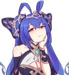  1girl antenna_hair bangs bare_shoulders blue_hair breasts cleavage cleavage_cutout clothing_cutout dragalia_lost dress eyebrows_visible_through_hair hair_between_eyes hair_ornament hand_on_own_face highres long_hair looking_at_viewer origa_(dragalia_lost) pflglcht red_eyes sleeveless sleeveless_dress solo upper_body white_background 