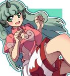  1girl aqua_background aqua_hair border breasts buttons cloud_print commentary_request curly_hair green_eyes heart horns komainu komainu_ears komano_aunn long_hair medium_breasts one-hour_drawing_challenge paw_pose red_shirt renshirenji shirt shorts simple_background single_horn touhou two-tone_background white_border white_shorts 