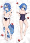  1girl ass_visible_through_thighs bangs barefoot bed_sheet black_swimsuit blue_eyes blue_hair blue_pants blue_sailor_collar blush bob_cut breasts bright_pupils closed_mouth clothes_lift clothes_pull collarbone commentary_request covered_navel dakimakura_(medium) english_commentary eyebrows_visible_through_hair feet from_above full_body hair_flaps hairband hands_up happy knees_together_feet_apart lana_(pokemon) legs light_blush looking_at_viewer lying mixed-language_commentary moeanime multiple_views navel nipples on_back one-piece_swimsuit open_mouth pants pants_removed poke_ball poke_ball_(basic) pokemon pokemon_(game) pokemon_sm sailor_collar shirt shirt_lift short_hair sidelocks sleeveless sleeveless_shirt small_breasts smile split_mouth stomach swimsuit swimsuit_pull undressing white_background white_pupils white_shirt yellow_hairband 