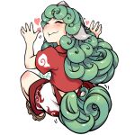  aqua_hair blush closed_eyes closed_mouth cloud_print commentary_request curly_hair geta grabbing heart highres horns kariyushi_shirt komano_aunn long_hair red_shirt shiratama_(irodoli) shirt shorts simple_background single_horn touhou white_background white_shorts 