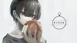  1boy apple collarbone eyebrows_visible_through_hair fingernails food fruit grey_background grey_hair hair_between_eyes highres holding holding_food holding_fruit looking_at_food male_focus original painterly parted_lips purple_eyes siun_5513 solo translation_request upper_body 