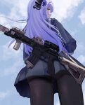  1girl 1z10 ass assault_rifle bangs black_legwear blue_hair blue_shirt blue_skirt blue_sky blush closed_mouth eyebrows_visible_through_hair feet_out_of_frame from_below girls&#039;_frontline green_eyes gun h&amp;k_hk416 hair_ornament hair_ribbon hairclip highres hk416_(girls&#039;_frontline) long_hair looking_back pantyhose ribbon rifle school_uniform serafuku shirt skirt sky smile solo standing teardrop_facial_mark teardrop_tattoo weapon weapon_on_back 