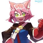  1girl 7th_dragon 7th_dragon_(series) :d animal_ears bangs black_jacket cat_ears cat_girl fighter_(7th_dragon) gloves green_eyes harukara_(7th_dragon) highres jacket long_sleeves looking_at_viewer open_mouth pink_hair red_gloves short_hair simple_background smile solo white_background zassou 