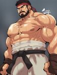  1boy abs alternate_facial_hair bara beard black_hair bulge dougi facial_hair feet_out_of_frame headband highres kirupi large_pectorals looking_at_viewer male_focus mature_male midriff_sarashi muscular muscular_male mustache nipples pants pectorals red_headband ryu_(street_fighter) sarashi short_hair solo street_fighter street_fighter_6 sweat thick_eyebrows thick_thighs thighs topless_male veins white_pants 