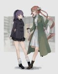  2girls absurdres aqua_eyes arm_behind_back arm_up bag bangs black_footwear bow brown_footwear carcano_m1891_(girls&#039;_frontline) carcano_m91/38_(girls&#039;_frontline) casual closed_mouth coat cup dress eyebrows_visible_through_hair full_body girls&#039;_frontline green_coat hair_bow highres holding holding_cup jacket katyopunch long_hair looking_at_another medium_hair multiple_girls open_clothes open_coat orange_hair purple_hair purple_jacket short_ponytail simple_background skirt smile socks standing standing_on_one_leg white_dress 