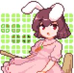  1girl animal_ears bangs brown_eyes brown_hair dress hammer holding holding_hammer inaba_tewi jewelry looking_at_viewer necklace open_mouth pink_dress pixel_art poropo1133 rabbit_ears rabbit_girl short_hair short_sleeves solo touhou transparent_background 