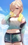  1girl bangs blonde_hair blue_sky blush breasts cloud cloudy_sky commentary_request cowengium day fingernails gradient gradient_clothes gym_uniform highres hololive jacket kazama_iroha lips long_hair looking_at_viewer medium_breasts midriff navel off_shoulder one_eye_closed open_clothes open_jacket outdoors parted_lips ponytail shiny shiny_skin shorts simple_background sky sleeves_past_wrists smile solo spandex towel towel_around_neck track_jacket virtual_youtuber 