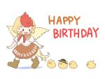  1girl :d animal animal_on_head bird bird_on_head blonde_hair boots brown_footwear chibi chick chicken happy_birthday hat itatatata komeiji_koishi multicolored_hair niwatari_kutaka on_head open_mouth red_hair short_hair short_sleeves simple_background smile solid_oval_eyes solo touhou two-tone_hair walking white_background wings 