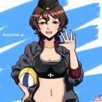  1girl :d akaboshi_koume artist_name ball beachball black_headwear blue_eyes breasts brown_hair character_name commentary_request dated garrison_cap girls_und_panzer girls_und_panzer_ribbon_no_musha grey_jacket hat jacket large_breasts midriff military_hat navel nishi_itsumi partial_commentary short_hair smile solo track_jacket wavy_hair 