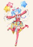  1girl ^_^ animal_ears arms_up balloon blue_hair blue_nails bow bow_legwear bowtie cat_ears cat_tail closed_eyes clothing_cutout colorful confetti dress fangs fingernails flat_chest foot_up full_body gold_trim hair_ornament hair_rings happy hatsune_miku head_tilt heiwa_(murasiho) highres horizontal_stripes jacket laughing long_hair long_sleeves open_mouth pleated_skirt pom_pom_(clothes) pom_pom_hair_ornament project_sekai puffy_long_sleeves puffy_sleeves pumps red_bow red_bowtie red_dress red_footwear red_jacket red_legwear shoes short_dress simple_background skirt solo standing standing_on_one_leg star_(symbol) star_balloon star_cutout star_hair_ornament star_print straight_hair string_of_flags striped striped_bow striped_bowtie tail tail_bow tail_ornament thighhighs twintails twitter_username underbust vocaloid wing_collar wonderlands_x_showtime_(project_sekai) yellow_skirt zettai_ryouiki 