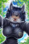  1girl absurdres animal_ear_fluff animal_ears backlighting blue_hair breasts breath buttons dire_wolf_(kemono_friends) double-breasted fangs gradient_hair hair_ribbon highres hkanakakia kemono_friends large_breasts long_hair multicolored_hair narrowed_eyes necktie open_mouth pov ribbon slit_pupils smile solo tongue tongue_out translation_request wolf_ears wolf_girl yellow_eyes yukadon 
