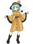  1girl :o adapted_costume black_footwear black_headwear blush boots contrapposto eyebrows_visible_through_hair full_body green_eyes green_hair hat itatatata komeiji_koishi long_sleeves open_mouth outstretched_arms simple_background skirt sleeves_past_wrists solo third_eye touhou white_background wide_sleeves 