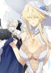  1boy 2girls agravain_(fate) artoria_pendragon_(fate) artoria_pendragon_(lancer)_(fate) artoria_pendragon_(swimsuit_ruler)_(fate) bangs blonde_hair blue_eyes breasts cape commentary_request eyebrows_visible_through_hair eyelashes eyes_visible_through_hair fate/grand_order fate_(series) green_eyes hair_between_eyes hair_ornament highres huge_breasts large_breasts morgan_le_fay_(fate) multiple_girls nogi_(acclima) swimsuit 