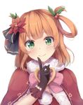  blush commentary_request finger_to_mouth flower gloves green_eyes hair_flower hair_ornament hair_rings highres looking_at_viewer medium_hair mia_(kuja999) orange_hair portrait princess_connect! rino_(princess_connect!) santa_costume simple_background smile white_background 