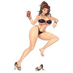  1girl alcohol beer beer_can bikini black_swimsuit blue_eyes blush breasts brown_hair c.honey can cooler eyewear_on_head feet food full_body game_cg highres huge_breasts ice last_origin lumberjane_(last_origin) meat micro_bikini mole mole_under_eye navel nipples official_art open_mouth palm_leaf picnic plate ponytail sandals single_sandal sitting slingshot_swimsuit smile solo sunglasses swimsuit tachi-e thighs towel transparent_background 