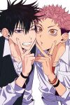  2boys bangs black_hair black_vest blue_eyes bracelet brown_eyes collared_shirt ear_piercing earrings facial_mark fushiguro_megumi grin hair_between_eyes hand_up highres itadori_yuuji jewelry jujutsu_kaisen long_sleeves looking_at_viewer male_focus mmm_jjtks multiple_boys piercing pink_hair red_shirt ring shirt short_hair smile spiked_hair teeth undercut upper_body v vest white_shirt 