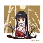  1girl artist_name bamboo black_eyes black_hair blush_stickers bow bowtie branch bunny chibi closed_mouth commentary eyebrows_visible_through_hair frilled_skirt frilled_sleeves frills full_body heartfelt-fancy_(artist) highres hime_cut houraisan_kaguya jeweled_branch_of_hourai long_hair long_sleeves looking_at_animal on_lap one-hour_drawing_challenge petting pink_shirt red_skirt shirt sitting skirt smile solo touhou very_long_hair white_bow white_bowtie wide_sleeves 