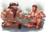  2boys abs animal_ears bara beard chest_hair commission completely_nude cow_ears cow_horns cow_tail crossed_legs cup facial_hair fate/zero fate_(series) furry furry_male grin highres horns iskandar_(fate) kirupi large_pectorals male_focus male_pubic_hair mature_male minotaur multiple_boys muscular muscular_male navel nipples nude original partially_submerged pectorals pubic_hair red_eyes red_hair sakazuki scar scar_on_chest short_hair skeb_commission smile stomach tail translation_request 