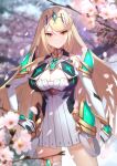  1girl absurdres bangs bare_legs bare_shoulders blonde_hair blush breasts chest_jewel cleavage cleavage_cutout clothing_cutout dress earrings elbow_gloves gloves green322 headpiece highres jewelry large_breasts long_hair looking_at_viewer mythra_(xenoblade) ribbed_swimsuit short_dress solo swept_bangs thigh_strap tiara very_long_hair white_dress white_gloves xenoblade_chronicles_(series) xenoblade_chronicles_2 yellow_eyes 