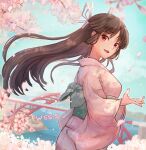  1girl alternate_costume black_hair cherry_blossoms commentary_request commission dutch_angle hair_ribbon hime_cut hiyou_(kancolle) japanese_clothes kantai_collection kimono long_hair looking_at_viewer pink_kimono ribbon skeb_commission smile solo two_side_up white_ribbon wss_(nicoseiga19993411) 
