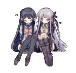  2girls :d absurdres bangs black_footwear black_gloves black_ribbon blue_sailor_collar blue_skirt blush boots bow bowtie braid brown_necktie closed_mouth collared_shirt danganronpa:_trigger_happy_havoc danganronpa_(series) expressionless full_body gloves grey_background hair_ornament hair_ribbon hairclip happy heart highres invisible_chair kirigiri_kyouko knee_boots long_hair long_sleeves looking_at_another maizono_sayaka manaita_no_sake multiple_girls necktie open_mouth pink_bow pink_bowtie ribbon sailor_collar shiny shiny_hair shirt simple_background sitting skirt smile thighhighs 