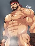  1boy abs alternate_facial_hair bara beard black_hair completely_nude facial_hair feet_out_of_frame flaccid headband highres kirupi large_pectorals looking_at_viewer male_focus male_pubic_hair mature_male muscular muscular_male mustache nipples nude out-of-frame_censoring pectorals penis penis_peek pubic_hair red_headband ryu_(street_fighter) short_hair solo steaming_body stomach street_fighter street_fighter_6 sweat thick_eyebrows thick_thighs thighs veins veiny_penis 