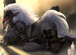  2022 absurd_res anthro armor biped blush breasts canid canine canis clothing covering covering_self crossgender digital_media_(artwork) elden_ring female fromsoftware fur gauntlets gloves grey_body grey_fur hair handwear headgear helmet hi_res maliketh_(elden_ring) mammal mtf_crossgender pata solo video_games white_hair wolf 