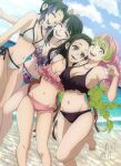  4girls ;d ^_^ bare_shoulders barefoot beach bikini black_bikini black_hair blue_sky braid breasts butterfly_hair_ornament closed_eyes closed_mouth day feet floral_print green_hair hair_ornament kamado_nezuko kimetsu_no_yaiba kirijou_mitsuru kochou_kanae kochou_shinobu medium_breasts multicolored_hair multiple_girls navel one_eye_closed outdoors pink_bikini pink_hair purple_eyes purple_hair sky small_breasts smile standing swimsuit teeth toes twin_braids two-tone_hair white_bikini 