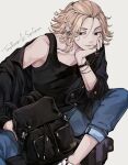  1boy absurdres backpack bag black_eyes black_jacket black_tank_top blonde_hair blue_pants closed_mouth cowboy_shot earrings empty_eyes head_rest highres jacket jewelry long_hair male_focus off_shoulder pants pants_rolled_up pizza_oisii6 ring sano_manjirou sitting smile solo tank_top tokyo_revengers watch wristwatch 