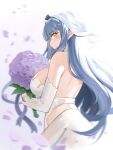  1girl 1z10 alternate_costume back bangs blue_hair blush bouquet breasts bridal_veil closed_mouth dress eyebrows_visible_through_hair floral_background flower girls&#039;_frontline green_eyes highres hk416_(girls&#039;_frontline) holding holding_bouquet holding_flower large_breasts long_hair looking_to_the_side sideboob smile solo teardrop_facial_mark teardrop_tattoo veil wedding_dress white_background white_dress 