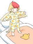  1girl :&gt; alternate_costume barefoot bird blonde_hair blush blush_stickers chick futon itatatata long_sleeves multicolored_hair niwatari_kutaka on_bed outstretched_arms pajamas red_hair short_hair simple_background touhou white_background wings |_| 
