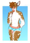  anthro biped brown_ears brown_hair brown_spots candy cervid dessert ear_piercing eyewear food front_view fur genitals glans glasses glistening glistening_eyewear glistening_glasses green_eyes hair half-erect hand_on_hip hi_res humanoid_genitalia humanoid_penis industrial_piercing inner_ear_fluff licking_lollipop lollipop male mammal navel penis penis_through_leghole piercing pink_inner_ear pink_nose pink_penis poking_out pupbii short_hair signature simple_background solo spots spotted_arms spotted_body spotted_fur spotted_legs tinted_glasses tuft white_inner_ear_fluff white_spots 