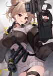  1girl absurdres bangs blush breasts brown_jacket bullpup commission double_bun dress eyebrows_visible_through_hair feet_out_of_frame gas_mask girls&#039;_frontline gun highres holding holding_gun holding_weapon jacket kuroshiro_kanae light_brown_hair looking_at_viewer mask medium_breasts open_clothes open_jacket open_mouth p90 p90_(girls&#039;_frontline) red_eyes short_hair skeb_commission smile solo standing submachine_gun weapon white_background 