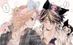  2boys black_eyes blonde_hair cheek_squash cosplay ear_piercing hanemiya_kazutora highres kuromi kuromi_(cosplay) looking_at_another male_focus multicolored_hair multiple_boys my_melody my_melody_(cosplay) onegai_my_melody piercing sano_manjirou short_hair tanjou tokyo_revengers yellow_eyes 