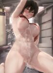  1girl abs after_sex areolae arm_up armpits black_bra black_hair bra breasts cum cum_in_pussy cum_on_body cum_on_breasts cum_on_stomach female_pubic_hair gym hair_between_eyes highres kimoshi light_blush looking_at_viewer mikasa_ackerman naked_scarf navel nipples nude open_mouth pov pubic_hair pussy red_scarf scarf shingeki_no_kyojin short_hair solo sweat underwear 