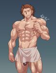  1boy abs bara brown_hair chest_hair deliford feet_out_of_frame flaccid granblue_fantasy kirupi large_pectorals leg_hair long_sideburns looking_at_viewer male_focus mature_male muscular muscular_male naked_towel navel nipples official_alternate_costume pectorals penis penis_peek revision sauna short_hair sideburns smile solo standing stomach sweat thighs topless_male towel veins wet 