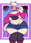  absurd_res aimbot-jones anthro avian bird bottomwear breasts brooke_(simplifypm) clothed clothing eyewear feathers female fishnet fishnet_clothing fishnet_topwear glasses green_eyes hi_res huge_hips legwear looking_at_viewer navel red_cheeks shorts solo thick_thighs thigh_highs topwear wide_hips 