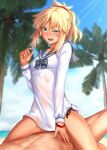  1boy 1girl bangs beach blonde_hair blue_sky braid breasts cowgirl_position fate/grand_order fate_(series) french_braid girl_on_top green_eyes hetero highres long_hair long_sleeves looking_at_viewer mordred_(fate) mordred_(swimsuit_rider)_(fate) open_mouth orochi_itto palm_tree parted_bangs ponytail sailor_collar sex shirt sidelocks sky small_breasts smile spread_legs straddling thighs tree vaginal white_shirt 